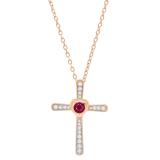 3.5 mm Round Ruby & White Diamond Ladies Heart Cross Religious Pendant, 18K Rose Gold