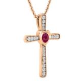 3.5 mm Round Ruby & White Diamond Ladies Heart Cross Religious Pendant, 18K Rose Gold