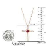 3.5 mm Round Ruby & White Diamond Ladies Heart Cross Religious Pendant, 18K Rose Gold