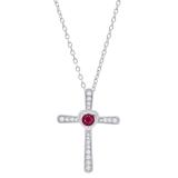 3.5 mm Round Ruby & White Diamond Ladies Heart Cross Religious Pendant, Sterling Silver