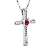 3.5 mm Round Ruby & White Diamond Ladies Heart Cross Religious Pendant, Sterling Silver