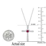 3.5 mm Round Ruby & White Diamond Ladies Heart Cross Religious Pendant, Sterling Silver