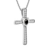 0.35 Carat (ctw) Round Black Diamond Ladies Heart Cross Religious Pendant 1/3 CT, Sterling Silver