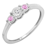 0.20 Carat (ctw) Sterling Silver Round Pink Sapphire And White Diamond Ladies 3 stone Engagement Promise Ring 1/5 CT