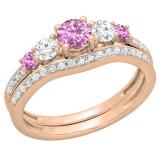 Round Pink Sapphire & White Diamond 5 Stone Bridal Engagement Ring Wedding Ring Set 18K Rose Gold