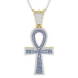 Round Blue Sapphire & White Diamond Ankh Mens Cross Pendant, 18K Yellow Gold
