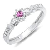 0.20 Carat (ctw) 10k White Gold Round Pink Sapphire And White Diamond 3 Stone Ladies Bridal Engagement Promise Ring 1/5 CT
