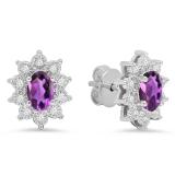 6X4 MM Each Oval Amethyst & Round White Diamond Ladies Flower Shape Stud Earrings 10K White Gold