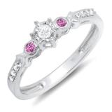 0.20 Carat (ctw) 10k White Gold Round Pink Sapphire And White Diamond 3 Stone Ladies Bridal Engagement Promise Ring 1/5 CT
