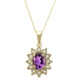 1.00 Carat (ctw) Kate Middleton Diana Replica Oval Royal Amethyst & Round Ladies Pendant, 10K Yellow Gold