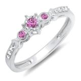0.20 Carat (ctw) 10k White Gold Round Pink Sapphire And White Diamond 3 Stone Ladies Bridal Engagement Promise Ring 1/5 CT