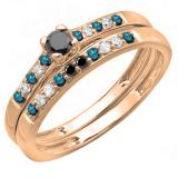 0.40 Carat (ctw) Round Black Blue & White Diamond Ladies Engagement Ring Set 14K Rose Gold