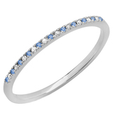 Round Blue Sapphire & White Diamond Ladies Dainty Wedding Band Stackable Ring 14K White Gold