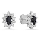 6X4 mm Oval Onyx & Round White Diamond Ladies Flower Cluster Fashion Stud Earrings 10K White Gold
