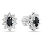 6X4 mm Oval Onyx & Round White Diamond Ladies Flower Cluster Fashion Stud Earrings 14K White Gold