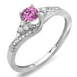 0.38 Carat (ctw) 10k White Gold Round White Diamond And Pink Sapphire Ladies Swirl Bridal Engagement Ring