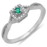 0.15 Carat (ctw) 10k White Gold Round Cut White Diamond & Green Emerald Ladies Crossover Split Shank Engagement Bridal Promise Ring