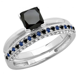 Princess and Round Black Diamond White Diamond & Blue Sapphire Ladies Ring Set 14K White Gold