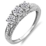 1.00 Carat (ctw) 10k White Gold Round Diamond Ladies Vintage Bridal 3 Stone Engagement Ring 1 CT