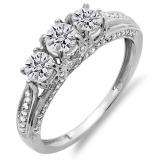1.00 Carat (ctw) 18k White Gold Round Diamond Ladies Vintage Bridal 3 Stone Engagement Ring 1 CT