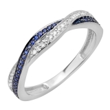 Round Blue Sapphire & White Diamond Wedding Swirl Ring for Women in 14K White Gold
