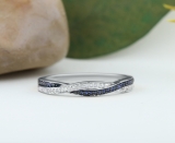 Round Blue Sapphire & White Diamond Wedding Swirl Ring for Women in 14K White Gold
