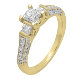 1.00 Carat (ctw) 18k Yellow Gold Princess & Round 3 Stone Diamond Ladies Bridal Engagement Ring