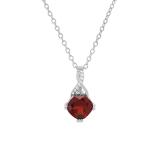 7X7 mm Cushion Garnet & 0.02 ct Round White Diamond Swirl Spilt Shank Ladies Pendant with Silver Chain 18 Inch | 10K White Silver