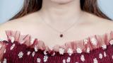 7X7 mm Cushion Garnet & 0.02 ct Round White Diamond Swirl Spilt Shank Ladies Pendant with Silver Chain 18 Inch | 10K White Silver