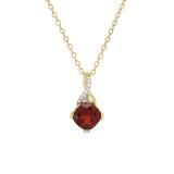 7X7 mm Cushion Garnet & 0.02 ct Round White Diamond Swirl Spilt Shank Ladies Pendant with Gold Chain 18 Inch | 10K Yellow Gold