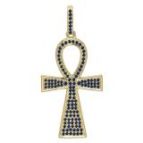 Round Blue Sapphire Unisex Micro Pave Ankh Cross Pendant (Chain Not Included), 18K Yellow Gold