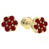 Round Garnet Ladies Cluster Style Flower Stud Earrings 10K Yellow Gold