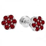 Round Garnet Ladies Cluster Style Flower Stud Earrings 14K White Gold
