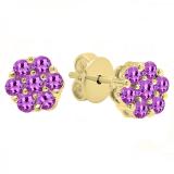 Round Amethyst Ladies Cluster Style Flower Stud Earrings 10K Yellow Gold