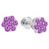 Round Amethyst Ladies Cluster Style Flower Stud Earrings 14K White Gold