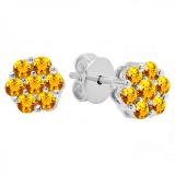 Round Citrine Ladies Cluster Style Flower Stud Earrings 14K White Gold
