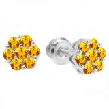Round Citrine Ladies Cluster Style Flower Stud Earrings 14K White Gold