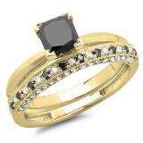 1.50 Carat (ctw) 10K Yellow Gold Princess Cut Black & Round White Diamond Ladies Bridal Solitaire Engagement Ring With Matching Milgrain Wedding Band Set 1 1/2 CT