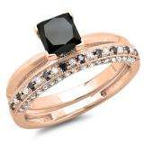 1.50 Carat (ctw) 18K Rose Gold Princess Cut Black & Round White Diamond Ladies Bridal Solitaire Engagement Ring With Matching Milgrain Wedding Band Set 1 1/2 CT