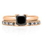 1.50 Carat (ctw) 18K Rose Gold Princess Cut Black & Round White Diamond Ladies Bridal Solitaire Engagement Ring With Matching Milgrain Wedding Band Set 1 1/2 CT