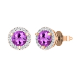 5mm Round Amethyst & 0.12 Carat (ctw) Round White Diamond Halo Circle Push Back Stud Earrings for Women in Gold