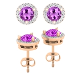 5mm Round Amethyst & 0.12 Carat (ctw) Round White Diamond Halo Circle Push Back Stud Earrings for Women in Gold