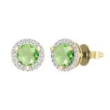 5mm Round Center Peridot & White Diamond Halo Circle Push Back Stud Earrings for Women (0.12 ctw, Color I-J, Clarity I1-I2) in 18K Yellow Gold