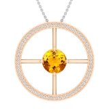 8mm Round Solitaire Citrine & White Diamond Wheel Style Circle Pendant Necklace for Women with 18 inch Silver Chain in 18K Rose Gold
