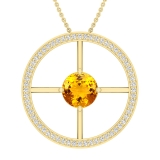 8mm Round Citrine and White Diamonds Wheel Style Circle Solitaire Pendant for Women with 18 inch Gold Chain in 18K Yellow Gold