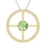 8mm Round Solitaire Peridot & White Diamond Wheel Style Circle Pendant for Women with 18 inch Silver Chain in 18K Yellow Gold