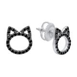 0.25 Carat (ctw) Round Black Diamond Hollow Cat Face Screwback Stud Earrings for Women | 925 Sterling Silver