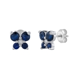 5 Stone Round Blue Sapphire and Accent White Diamond Elegant Butterfly Shape Push Back Stud Earrings for Women, 10K White Gold