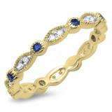 0.40 Carat (ctw) 10K Yellow Gold Round Blue Sapphire and White Diamond Ladies Vintage Style Anniversary Wedding Band Stackable Ring