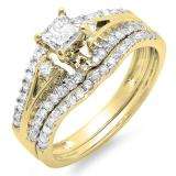 1.00 Carat (ctw) 10k Yellow Gold Princess & Round Diamond Ladies Ring Engagement Bridal Wedding Band Set 1 CT